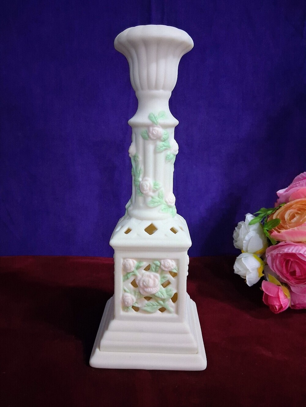 Vintage Avon Bisque Rose Porcelain Candle and Tea Light Holder 8.5"